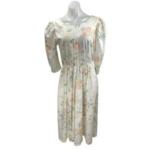 Vintage Lanz Womens White Floral Short Puff Sleeve Midi A-Line Tea Dress Size 10